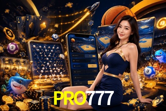 Una escena digital vívida inspirada en casino con PRO777 mostrado prominentemente, luces brillantes, fichas, cartas y acentos dorados.